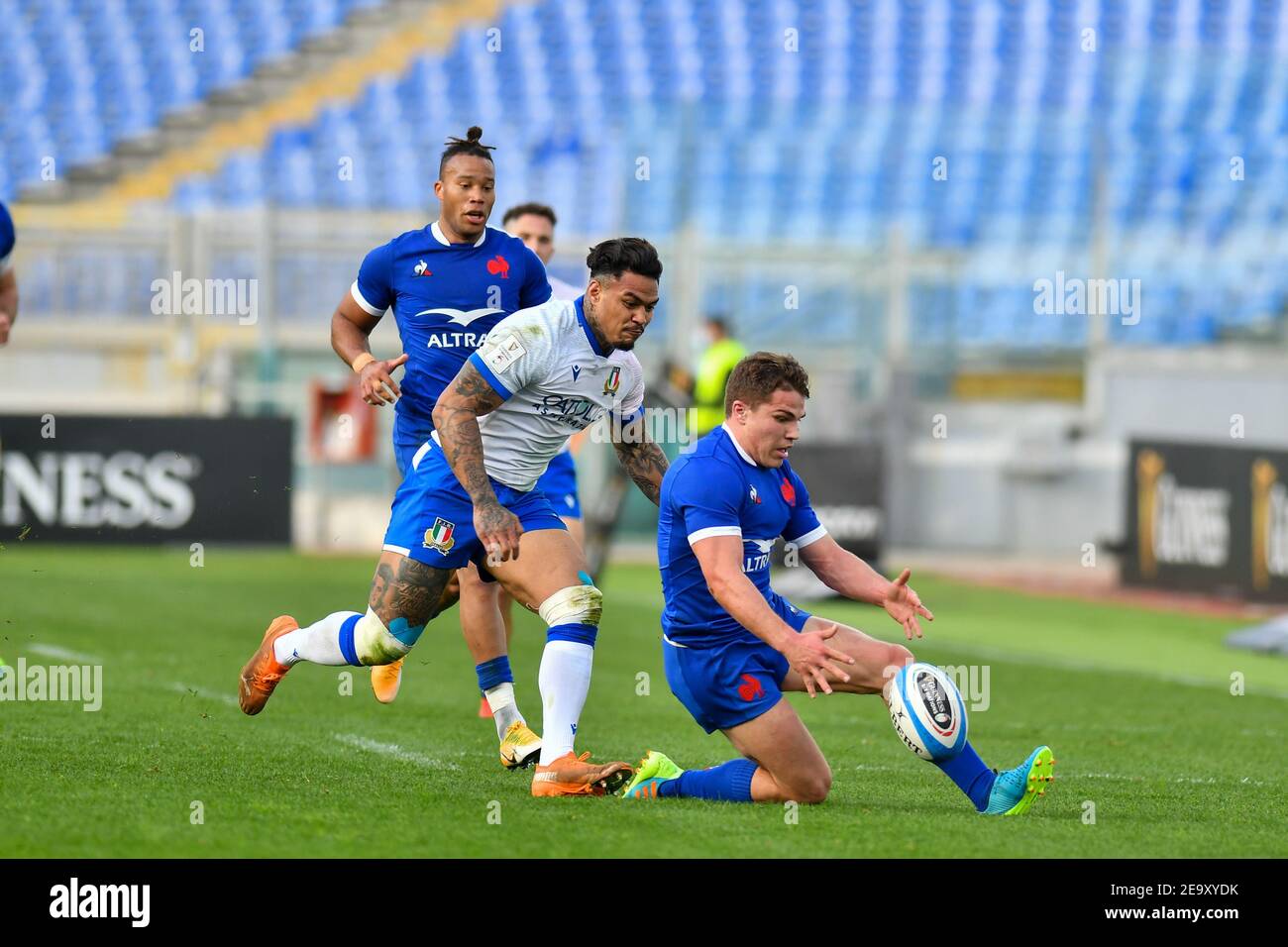 Rome, Italy. 6th Feb, 2021. Rome, Italy, Stadio Olimpico, February 06, 2021, Charles Ollivon (France) and Montanna Ioane (Italy) during Italy vs France - Rugby Six Nations match Credit: Carlo Cappuccitti/LPS/ZUMA Wire/Alamy Live News Stock Photo