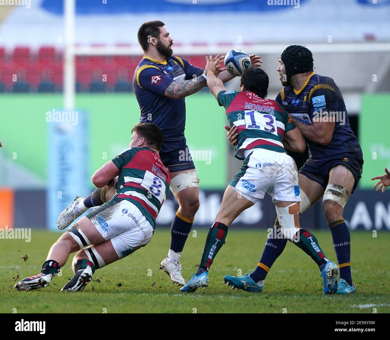 Leicester Tigers' Jasper Wiese tackles Worcester Warriors' Marco Mama during the Gallagher Premiership match at Welford Road, Leicester. Picture date: Saturday February 6, 2021. Stock Photo
