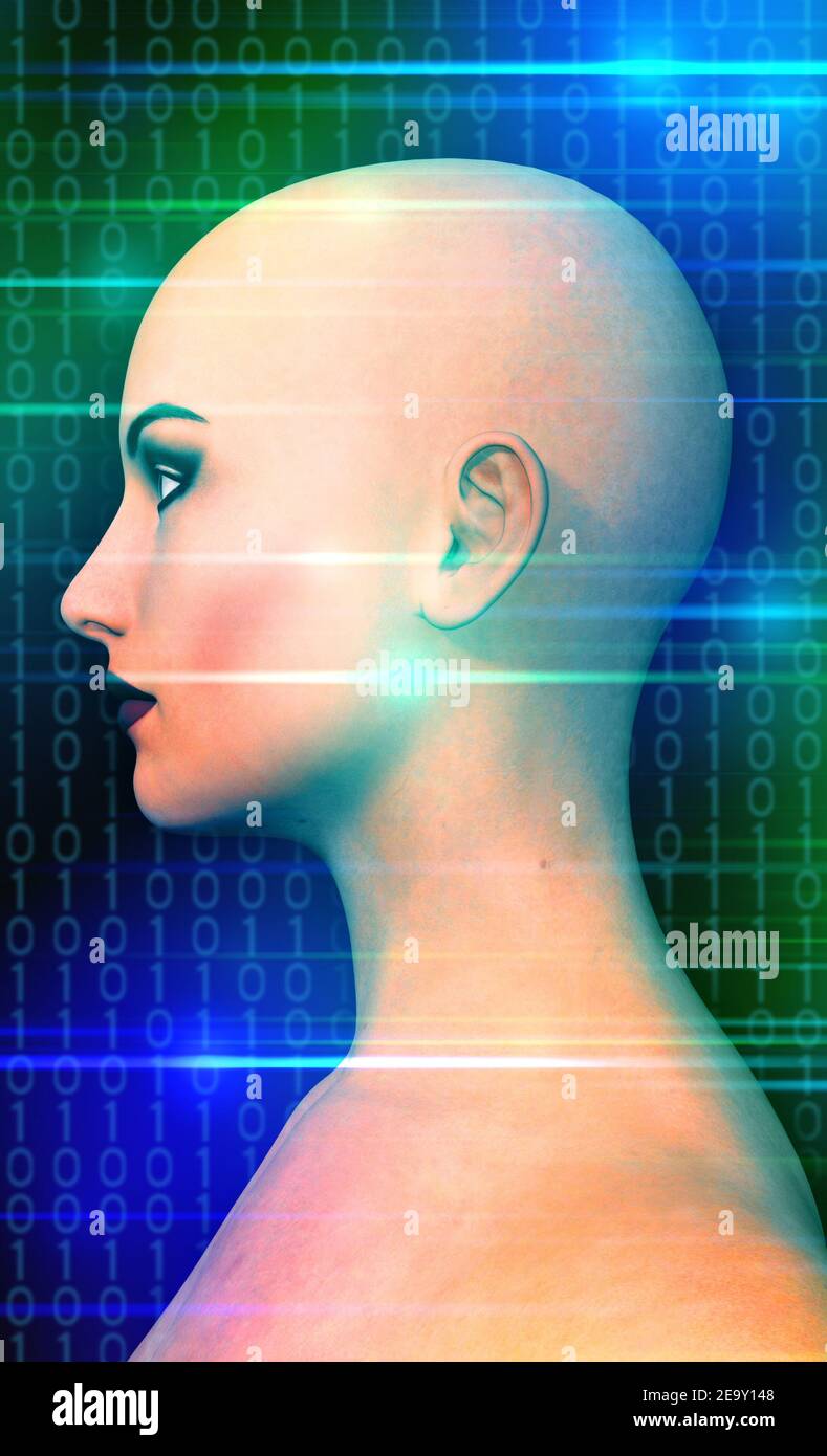 humanoid head as concept for Artificial Intelligence, future generations of humans, technology singularity, cyberlife and digitally created personas Stock Photo