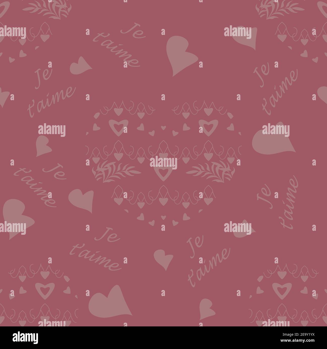 Seamless pattern for Valentine's Day, declaration of love with little hearts and text in french language, I love you. Raspberry color. Vector. Stock Vector
