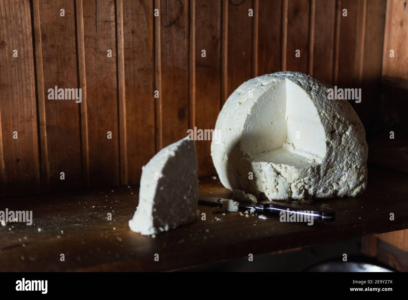 Still life with farmer cheese and a knife on rustic wooden background