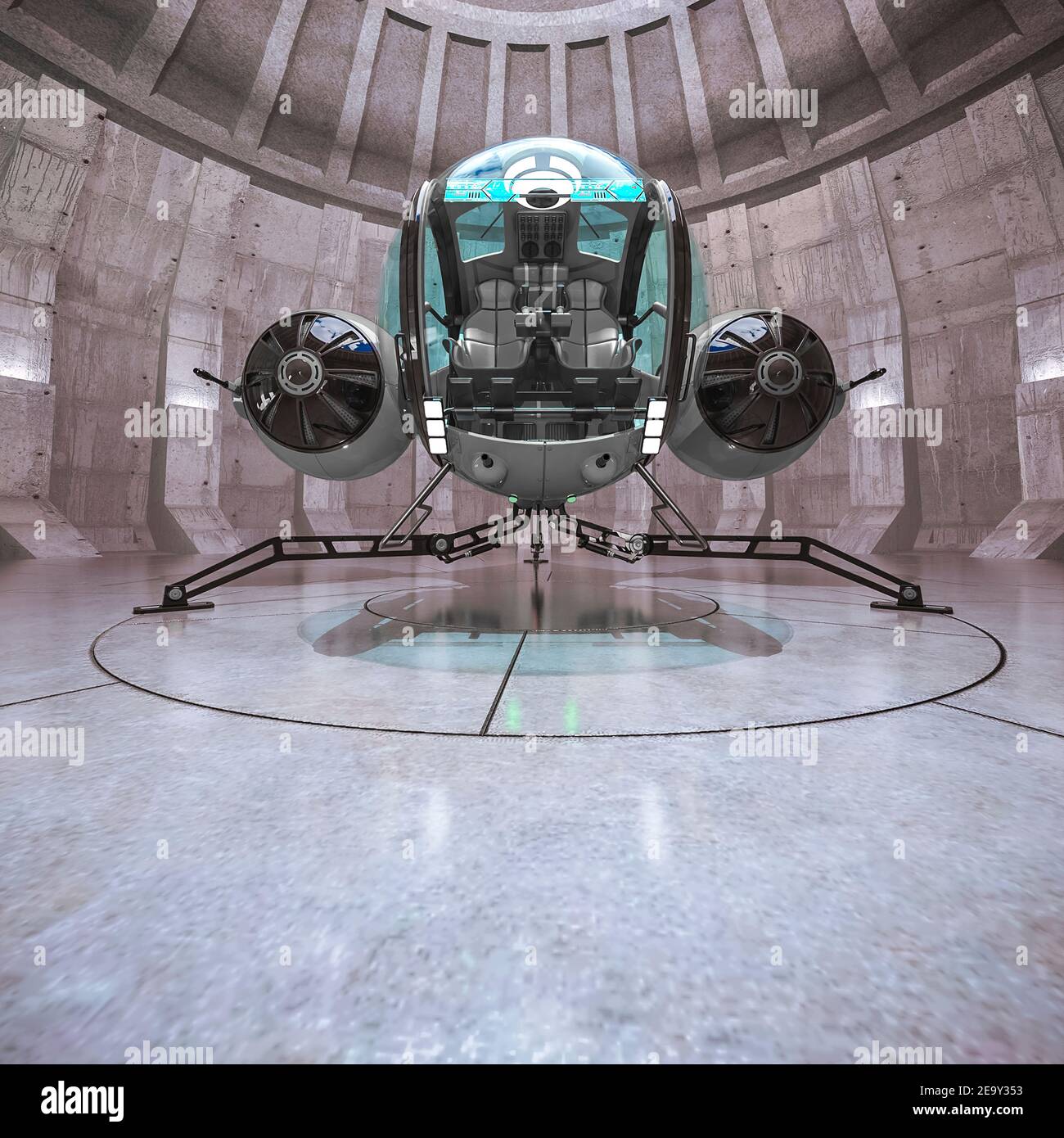 aircraft inside of the concrete hangar bottom view with copy space, 3d illustration Stock Photo