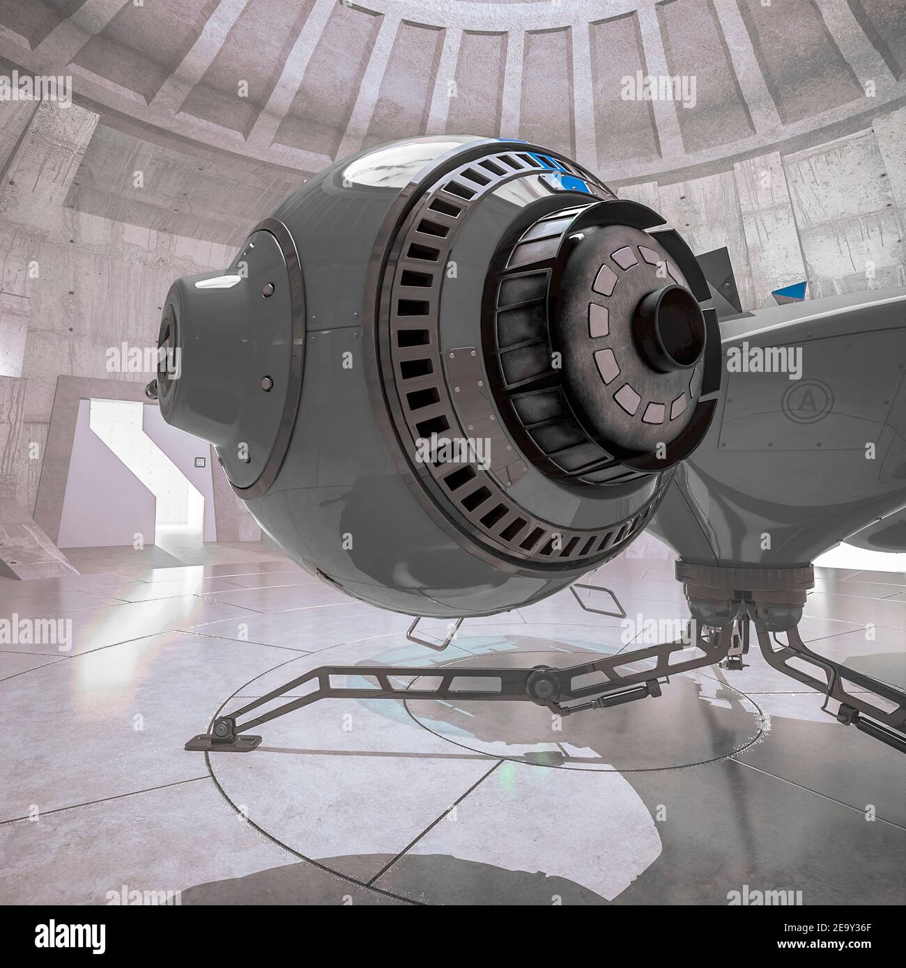 close up engine view of an aircraft landed inside of the concrete hangar, 3d illustration Stock Photo