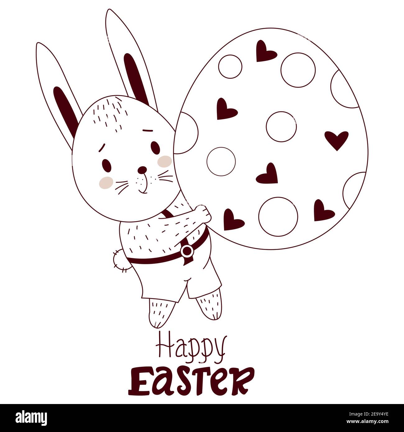 Happy Easter card with Easter bunny. A cute hare boy in pants with a large Easter egg. Vector illustration, outline. Cute animal for Easter design Stock Vector