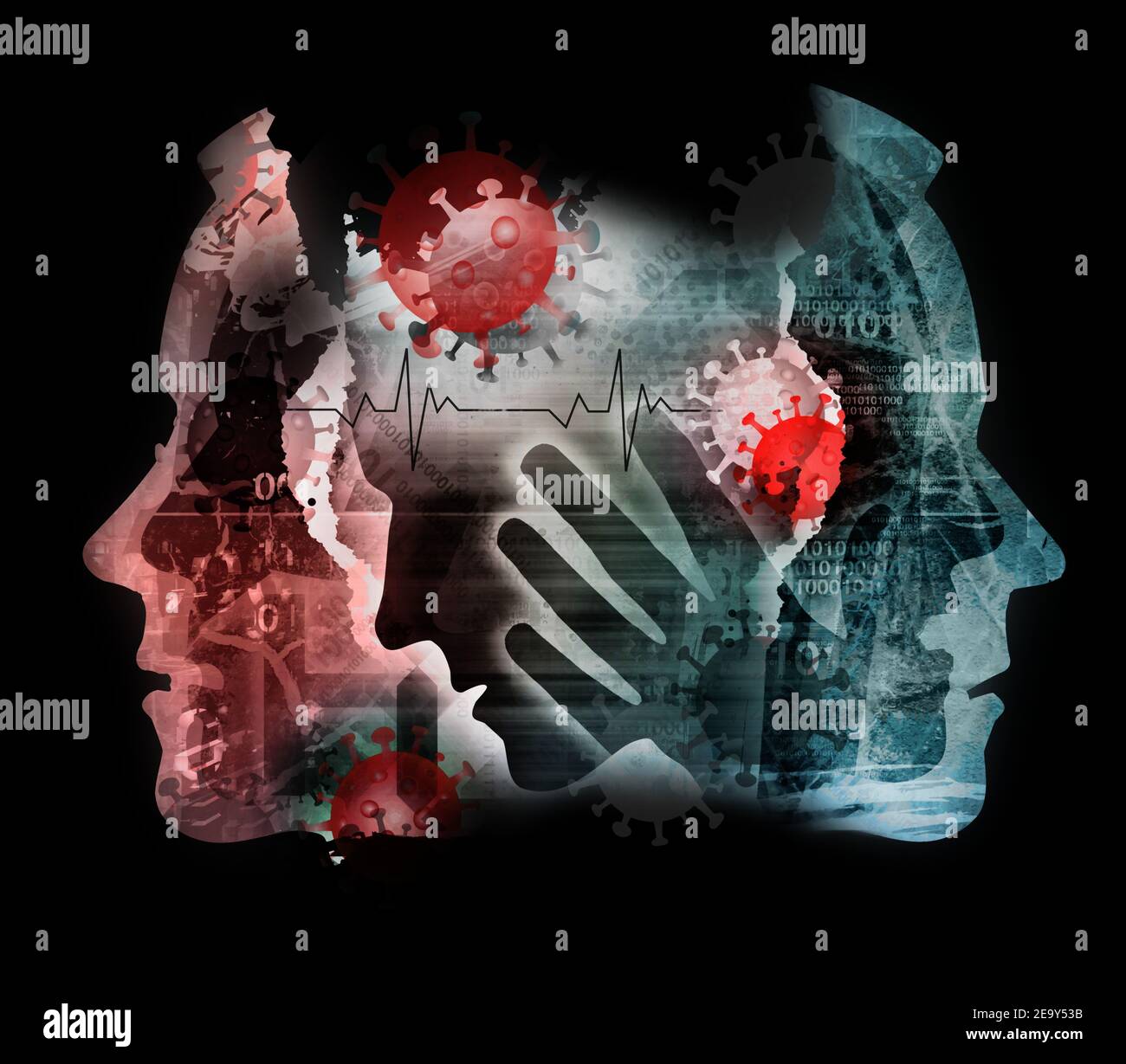 Pandemic of coronavirus, human suffering and pain, patients and victims.Male heads, grunge expressive composition of stylized heads silhouettes. Stock Photo