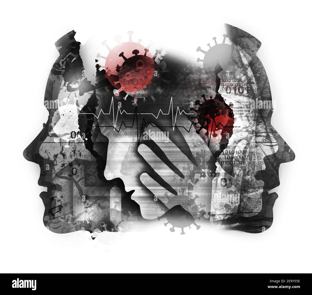 Pandemic of coronavirus, human suffering and pain, patients and victims.Male heads, grunge expressive composition of stylized heads silhouettes. Stock Photo