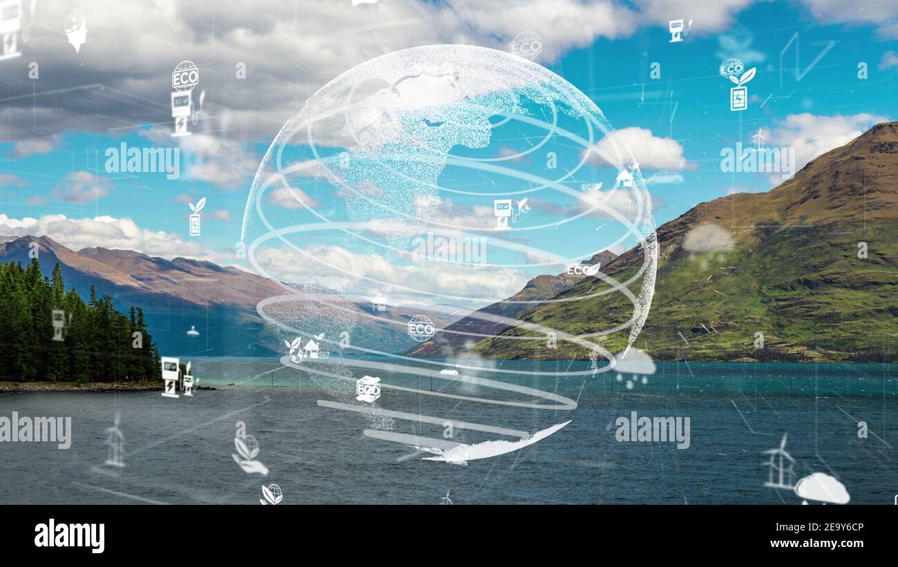 Future environmental conservation and sustainable ESG modernization development by using technology of renewable resources to reduce pollution and Stock Photo
