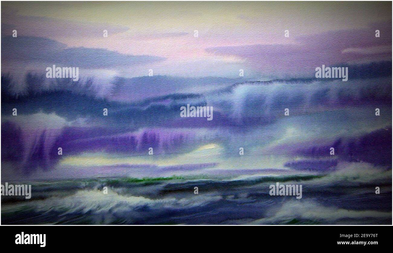 art  watercolor   painting  sea and  wave Stock Photo