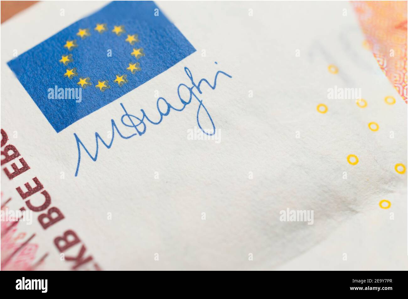 Carrara, Italy - February 06, 2020 - Signature of Mario Draghi, the new italian prime minister on a ten euro banknote Stock Photo