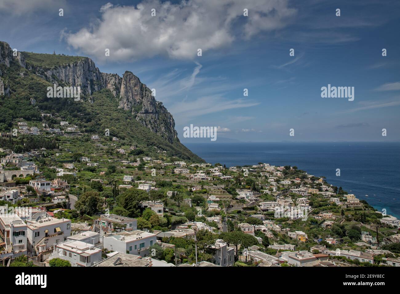 Rooftop view of typical architecture on Capri Island. View on village and the mountains on the island of Capri, Tyrrhenian sea, Italy Stock Photo