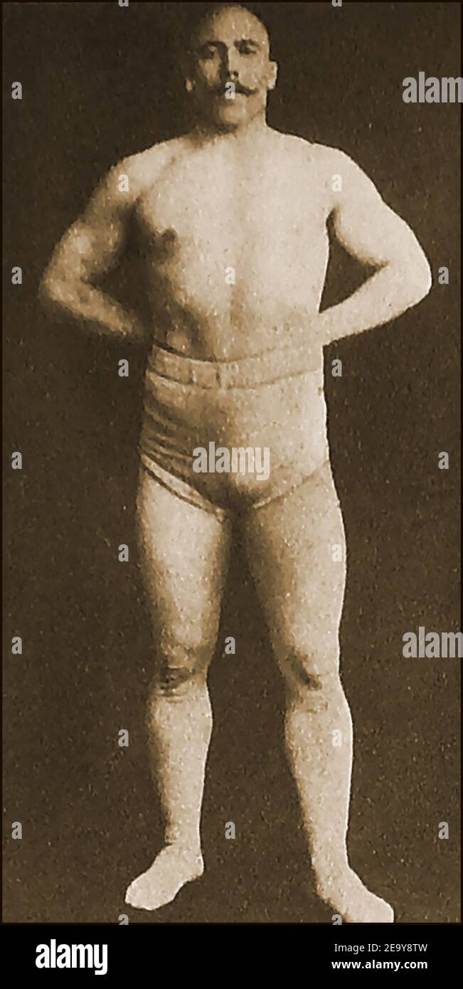 1906 . Wrestler Madrali 'The Terrible Turk' who fought in one of the 1st wrestling boughts at Olympia, London. UK. Real name Yusuf İsmail,  aka Youssouf Ishmaelo, Yusuf Ismail the Terrible Turk, Şumnulu Yusuf Pehlivan, Madrali and Koca Yusuf he was a professional wrestler and strongman who was classed as one of the three top strongmen in the world of his time. At the 1908 Summer Olympics in London, nine mens wrestling events were contested in  four weight classes in Greco-Roman wrestling and five weight  in freestyle wrestling. Stock Photo