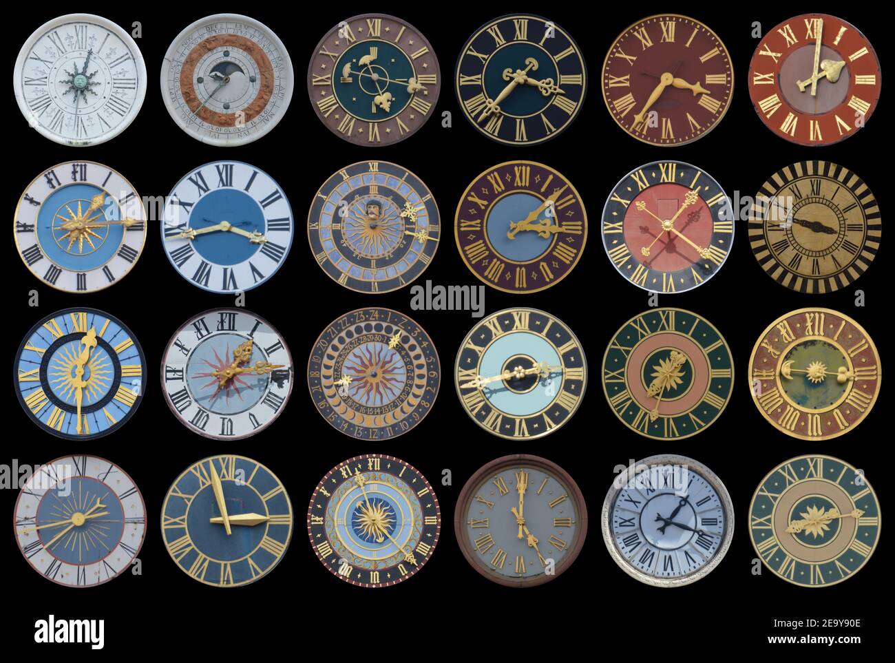 collection of multicolored ancient church tower clocks in different sizes and forms with roman numbers in regular rows on black background Stock Photo