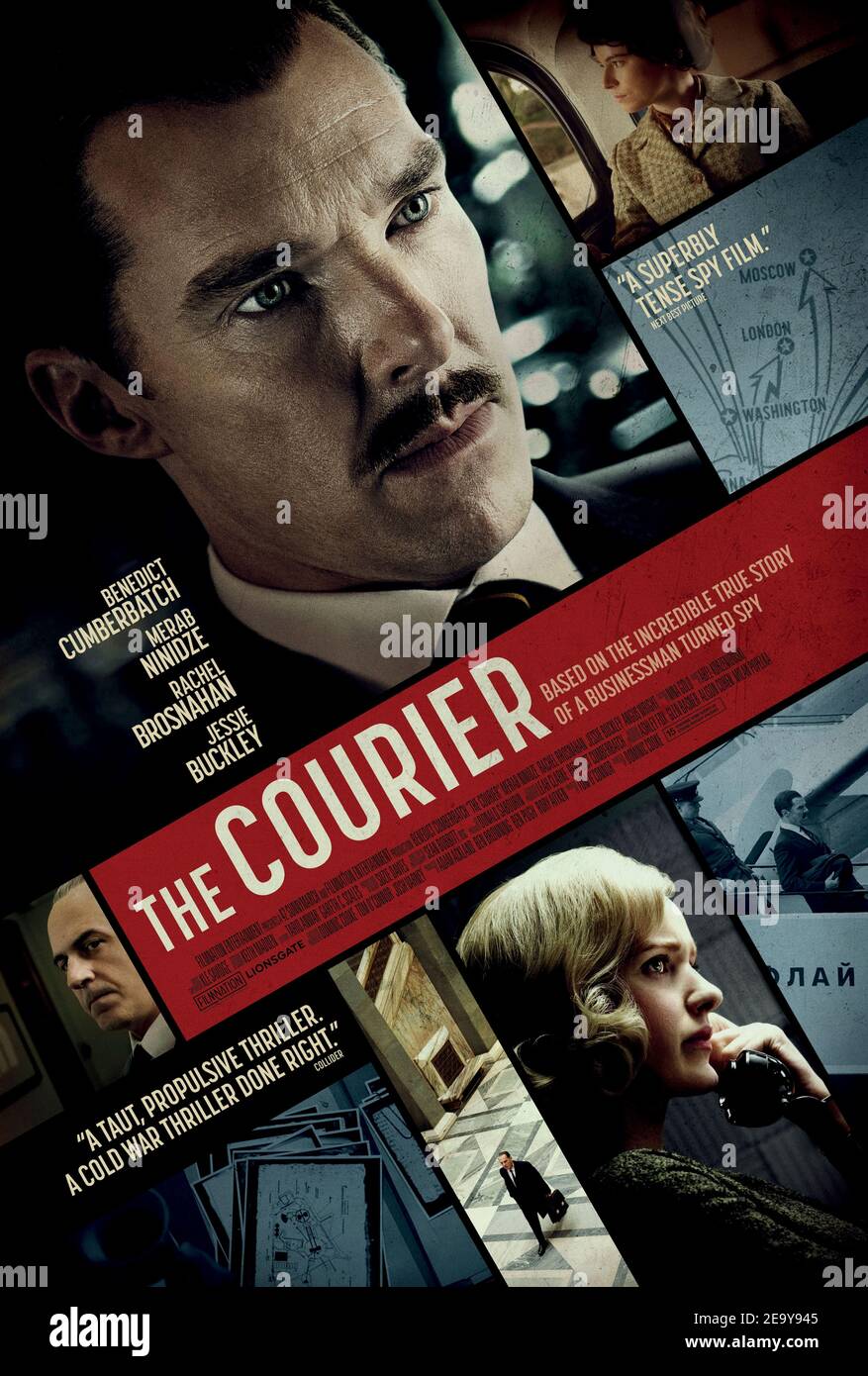 The Courier (2020) directed by Dominic Cooke and starring Benedict Cumberbatch, Merab Ninidze and Rachel Brosnahan. Cold War spy based on the true story of British businessman Greville Wynne recruitment to MI6 and his Soviet agent Oleg Penkovsky who try to put an end to the Cuban Missile Crisis. Stock Photo