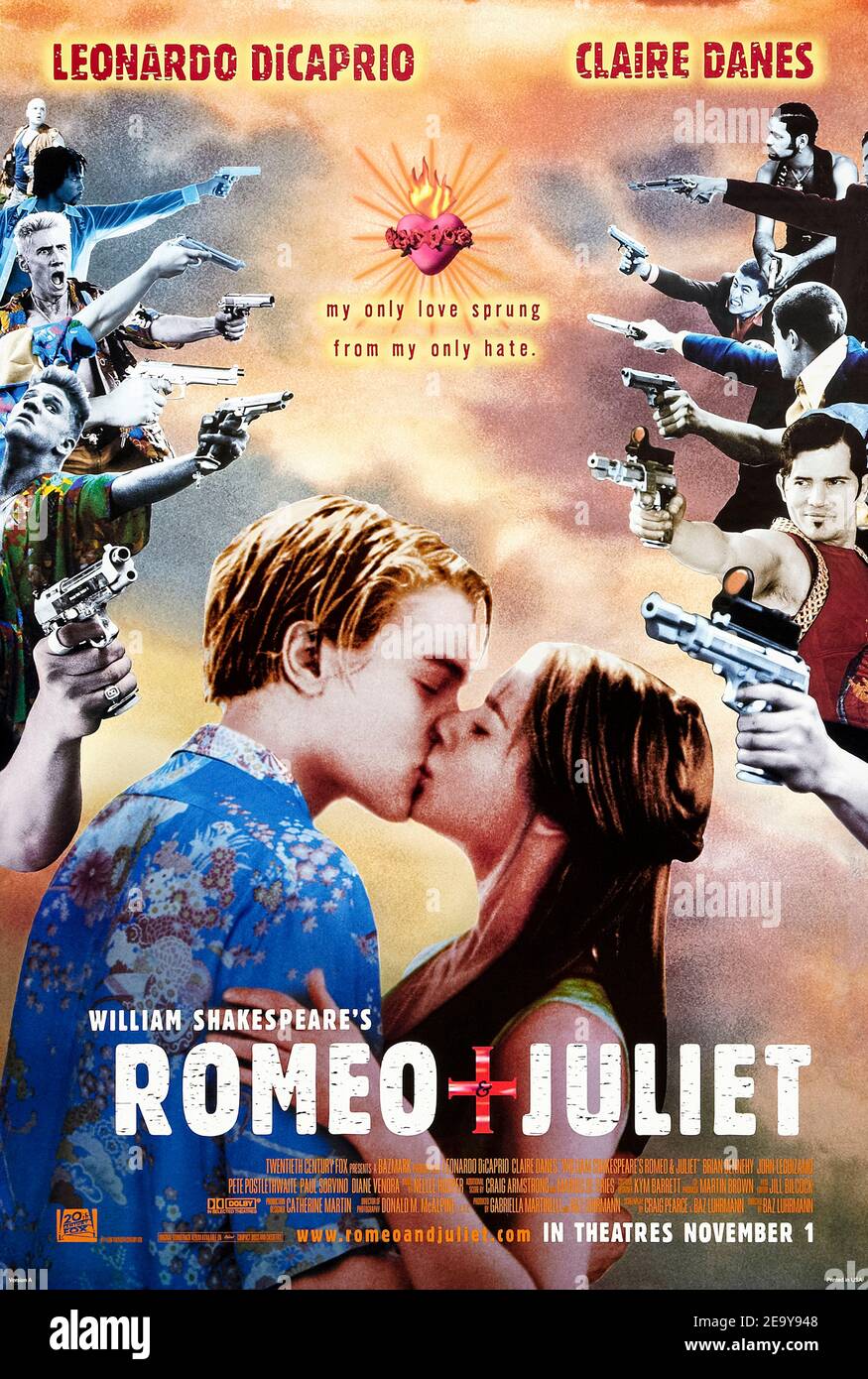 Romeo + Juliet (1996) directed by Baz Luhrmann and starring Leonardo DiCaprio, Claire Danes and John Leguizamo. Fantastic and fantastical adaptation of Shakespeare's play to a modern Verona whilst retaining the original language. Stock Photo
