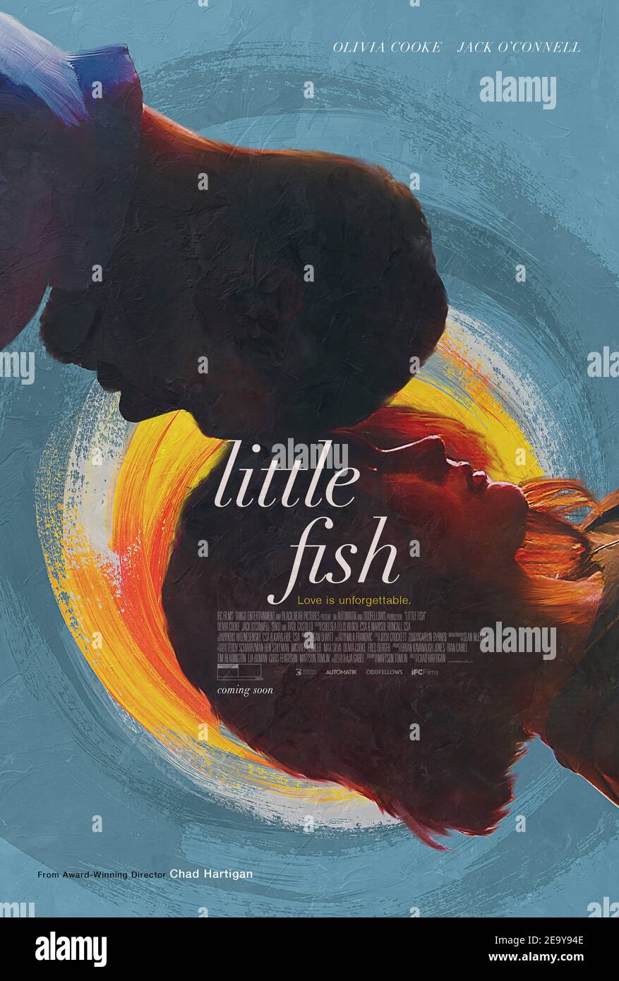 Little Fish (2020) directed by Chad Hartigan and starring Olivia Cooke, Jack O'Connell and Soko. Based on a short story by  Aja Gabel, a couple fights to hold their relationship together as a virus casuing memory loss threatens to erase the history of their love and relationship. Stock Photo