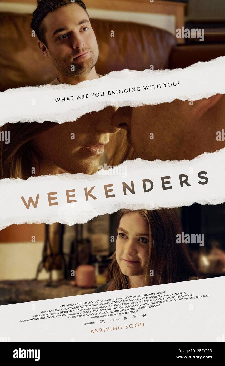 Weekenders (2021) directed by Erik Bloomquist and starring Peyton Michelle Edwards, Erik Bloomquist and Ehad Berisha. When Airbnb reservations get mixed up four twenty-somethings end up staying together. Stock Photo