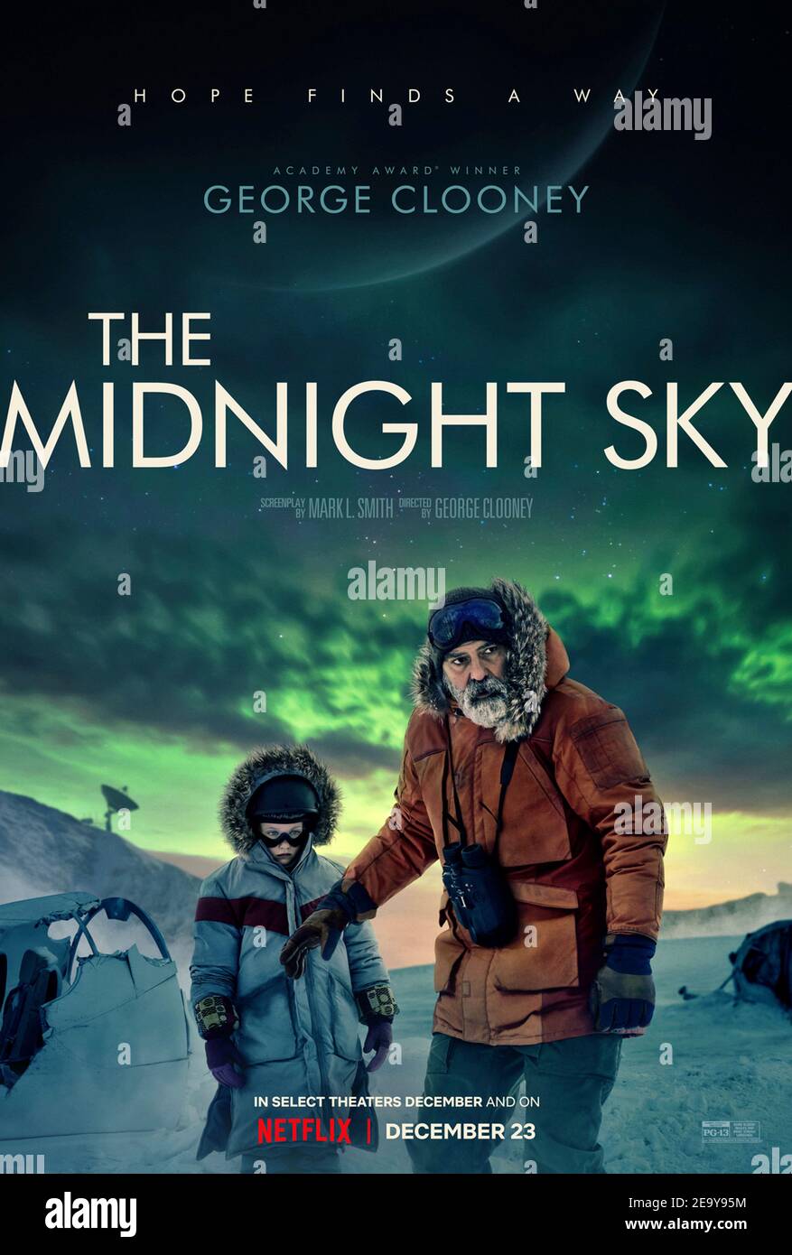 The Midnight Sky (2020) directed by George Clooney and starring George Clooney, Felicity Jones and David Oyelowo. This post-apocalyptic tale follows Augustine, a lonely scientist in the Arctic, as he races to stop Sully and her fellow astronauts from returning home to a mysterious global catastrophe. Stock Photo