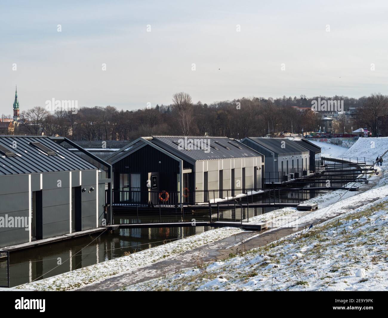 31/01/2021 - Poland Cracow - boat hotel at the banks of Vistula River, closed due to pandemic of Covid-19 Stock Photo