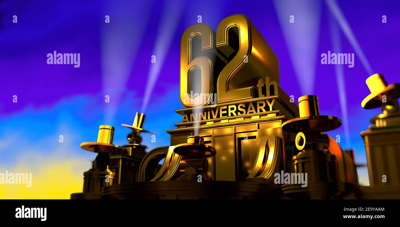 62th anniversary in thick letters on a large golden antique style building illuminated by 6 floodlights with white light on a blue sky at sunset. 3D I Stock Photo