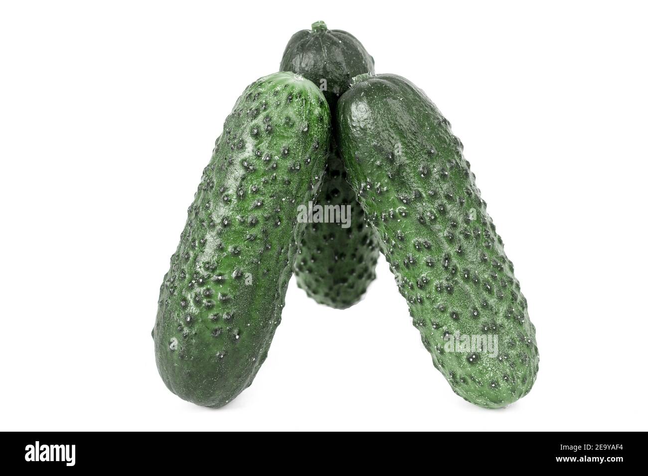 three green fresh cucumbers isolated on white background. Stock Photo