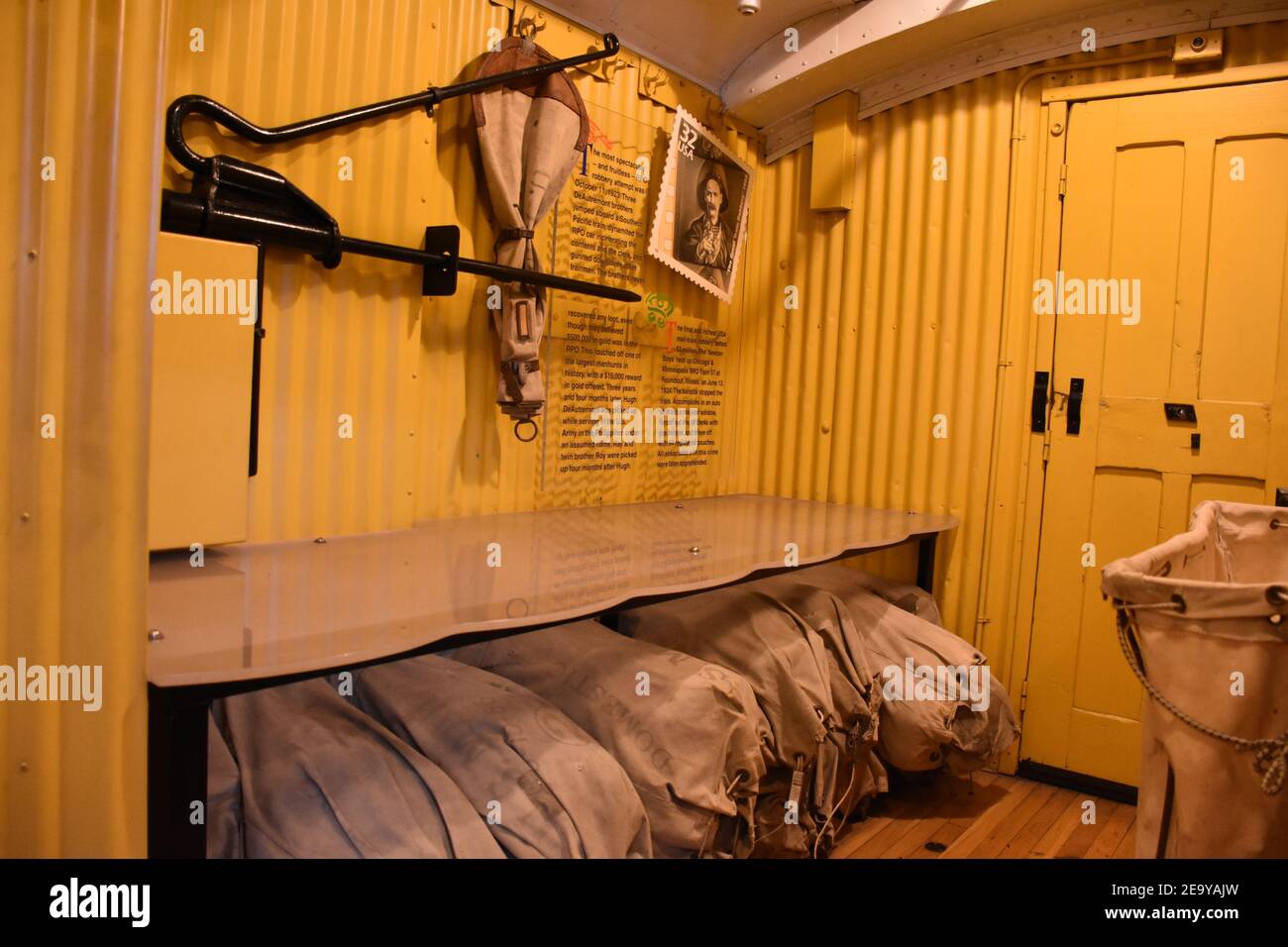 The inside of a Railroad Mail Car with information about how they prevented train robbery of mail cars. Stock Photo