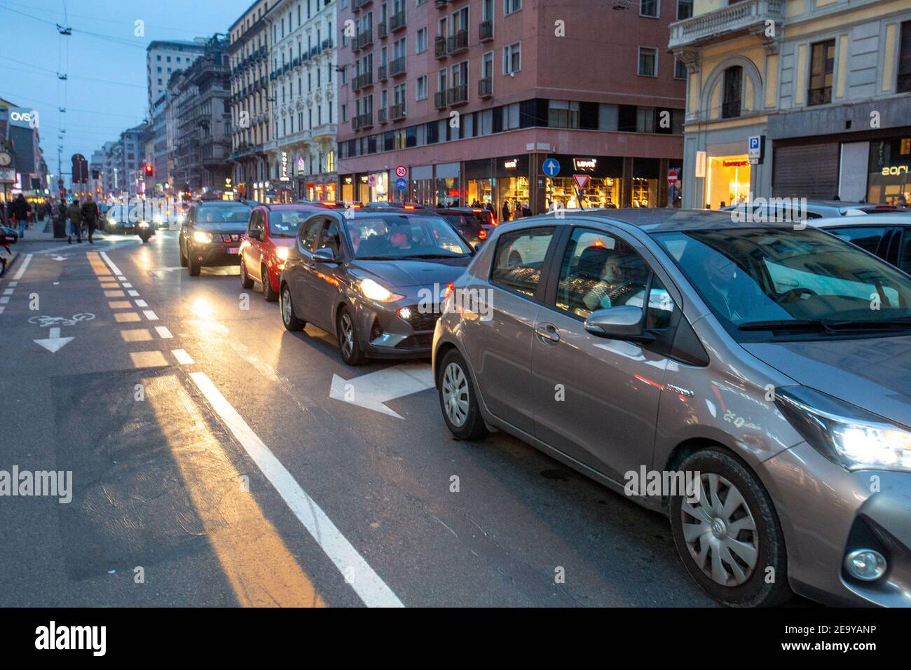 Italy. 06th Feb, 2021. 2/6/2021 - Milan, first Saturday in the yellow zone, traffic and noise in Corso Buenos Aires Editorial Usage Only (Photo by IPA/Sipa USA) Credit: Sipa USA/Alamy Live News Stock Photo