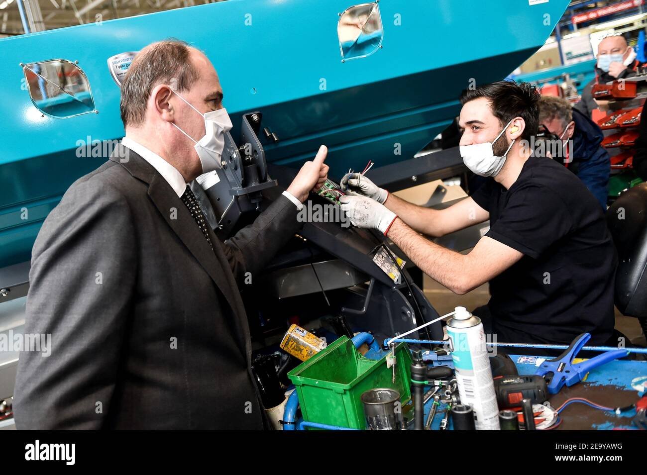 French Prime Minister Jean Castex visited an agricultural equipment factory in Chateaubourg, a Sulky company. After having visited the facilities in the company of Jean Yves Le Drian and Elisabeth Borne and the CEO of Sulby Mr Burel, he discussed at length on the integration of young people and reviewed the government s action in favor of the employment of young people. 16-25 years old. Jean Castex a visite une usine de materiel agricole, a Chateaubourg, entreprise Sulky. Apres avoir viste les installations en compagnie de jean Yves Le Drian et Elisabeth Borne et du PDG de Sulby Mr Burel, il a Stock Photo