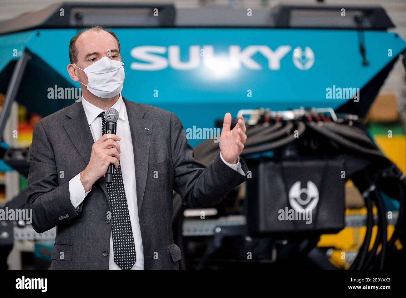 French Prime Minister Jean Castex visited an agricultural equipment factory in Chateaubourg, a Sulky company. After having visited the facilities in the company of Jean Yves Le Drian and Elisabeth Borne and the CEO of Sulby Mr Burel, he discussed at length on the integration of young people and reviewed the government s action in favor of the employment of young people. 16-25 years old. Jean Castex a visite une usine de materiel agricole, a Chateaubourg, entreprise Sulky. Apres avoir viste les installations en compagnie de jean Yves Le Drian et Elisabeth Borne et du PDG de Sulby Mr Burel, il a Stock Photo