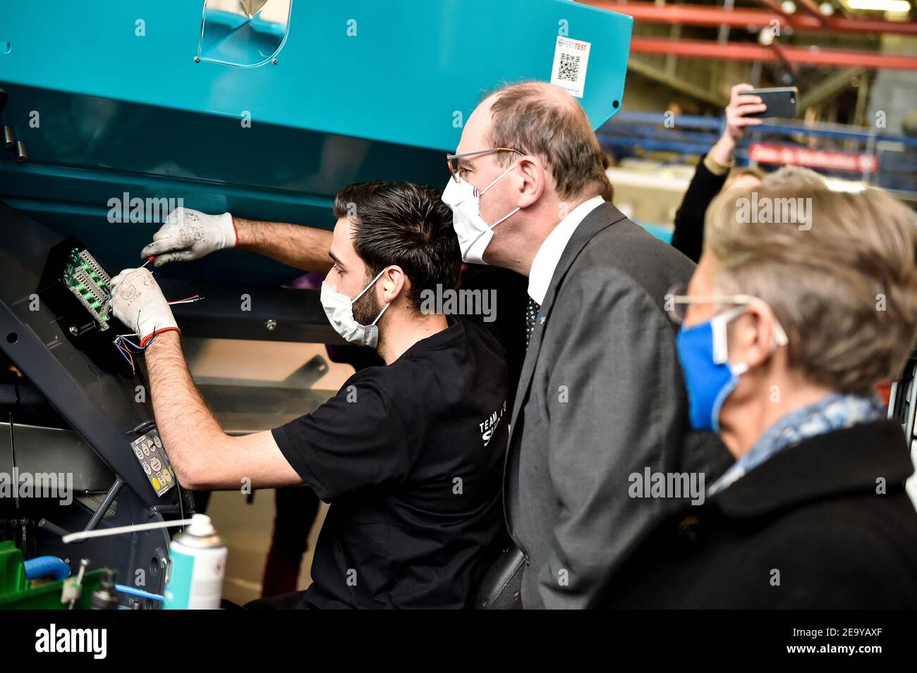 French Prime Minister Jean Castex visited an agricultural equipment factory in Chateaubourg, a Sulky company. After having visited the facilities in the company of Jean Yves Le Drian and Elisabeth Borne and the CEO of Sulby Mr Burel, he discussed at length on the integration of young people and reviewed the government s action in favor of the employment of young people. 16-25 years old. Jean Castex a visite une usine de materiel agricole, a Chateaubourg, entreprise Sulky. Apres avoir viste les installations en compagnie de jean Yves Le Drian et Elisabeth Borne et du PDG de Sulby Mr Burel, il a Stock Photo