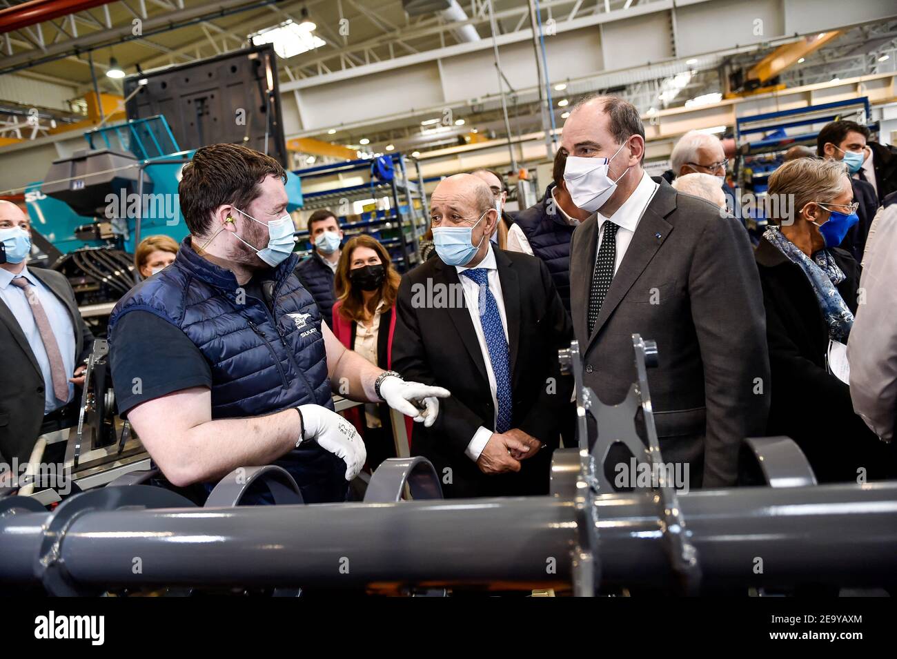 French Prime Minister Jean Castex visited an agricultural equipment factory in Chateaubourg, a Sulky company. After having visited the facilities in the company of Jean Yves Le Drian and Elisabeth Borne and the CEO of Sulby Mr Burel, he discussed at length on the integration of young people and reviewed the government s action in favor of the employment of young people. 16-25 years old. Jean Castex a visite une usine de materiel agricole, a Chateaubourg, entreprise Sulky. Apres avoir viste les installations en compagnie de jean Yves Le Drian et Elisabeth Borne et du PDG de Sulby Mr Burel, il a Stock Photo