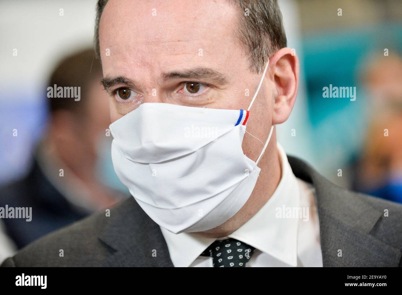 French Prime Minister Jean Castex visited an agricultural equipment factory in Chateaubourg, a Sulky company. After having visited the facilities in the company of Jean Yves Le Drian and Elisabeth Borne and the CEO of Sulby Mr Burel, he discussed at length on the integration of young people and reviewed the government s action in favor of the employment of young people. 16-25 years old. Jean Castex a visite une usine de materiel agricole, a Chateaubourg, entreprise Sulky. Apres avoir viste les installations en compagnie de jean Yves Le Drian et Elisabeth Borne et du PDG de Sulby Mr Burel, il a Stock Photo