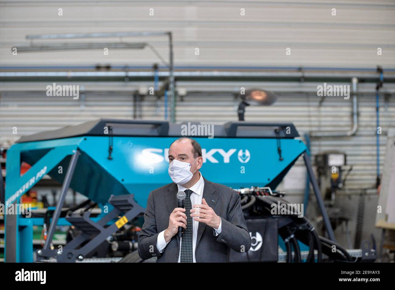 French Prime Minister Jean Castex visited an agricultural equipment factory in Chateaubourg, a Sulky company. After having visited the facilities in the company of Jean Yves Le Drian and Elisabeth Borne and the CEO of Sulby Mr Burel, he discussed at length on the integration of young people and reviewed the government s action in favor of the employment of young people. 16-25 years old. Jean Castex a visite une usine de materiel agricole, a Chateaubourg, entreprise Sulky. Apres avoir viste les installations en compagnie de jean Yves Le Drian et Elisabeth Borne et du PDG de Sulby Mr Burel, il a Stock Photo