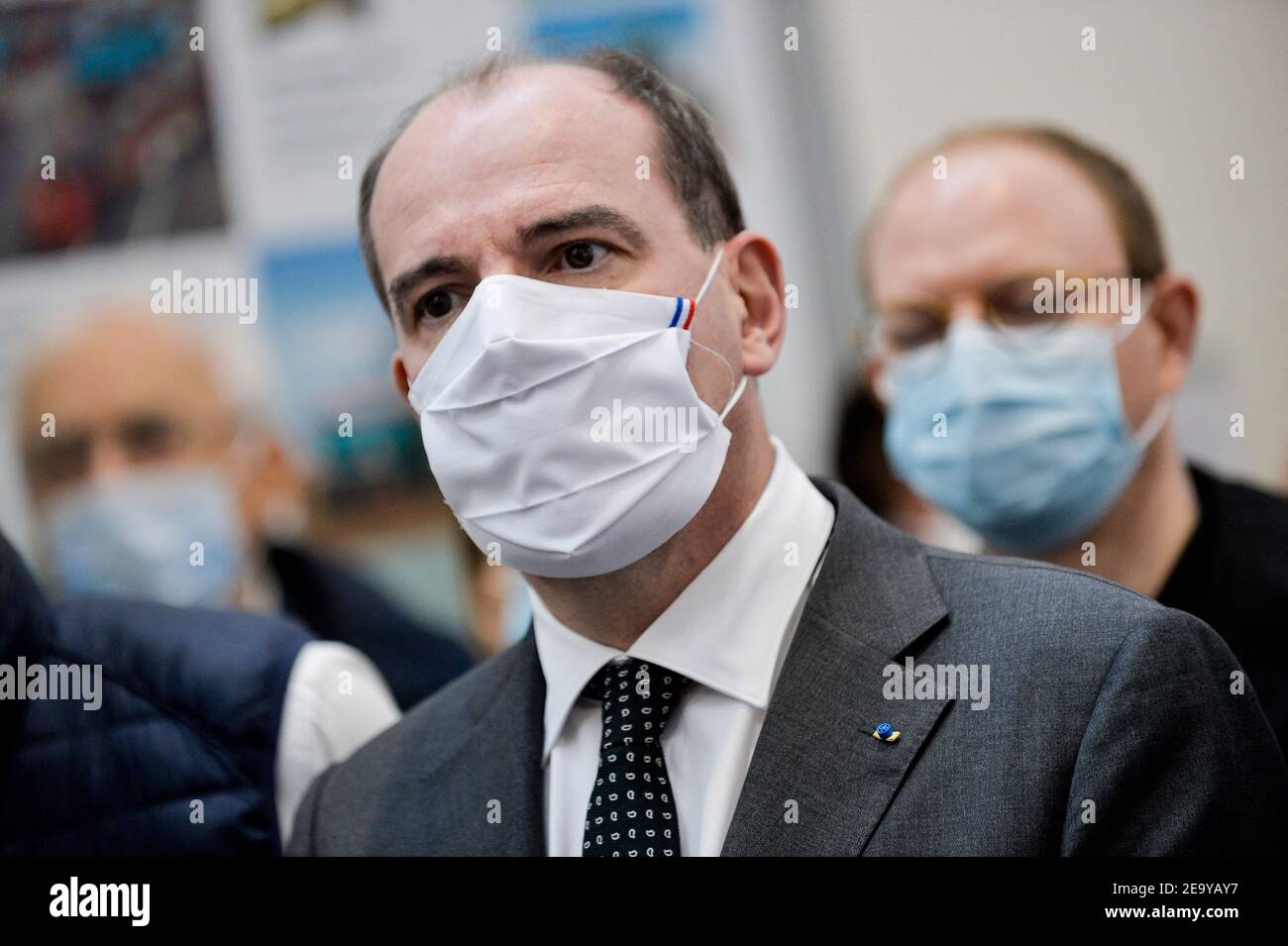 French Prime Minister Jean Castex visited an agricultural equipment factory in Chateaubourg, a Sulky company. After having visited the facilities in the company of Jean Yves Le Drian and Elisabeth Borne and the CEO of Sulby Mr Burel, he discussed at length on the integration of young people and reviewed the government s action in favor of the employment of young people. 16-25 years old. Jean Castex a visite une usine de materiel agricole, a Chateaubourg, entreprise Sulky. Apres avoir viste les installations en compagnie de jean Yves Le Drian et Elisabeth Borne et du PDG de Sulby Mr Burel, il a Stock Photo