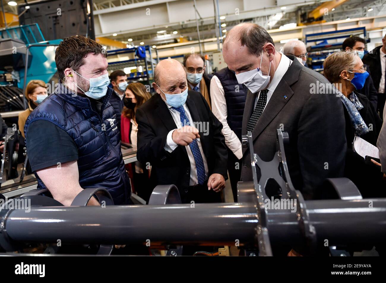French Prime Minister Jean Castex visited an agricultural equipment factory in Chateaubourg, a Sulky company. After having visited the facilities in the company of Jean Yves Le Drian and Elisabeth Borne and the CEO of Sulby Mr Burel, he discussed at length on the integration of young people and reviewed the government s action in favor of the employment of young people. 16-25 years old. Jean Castex a visite une usine de materiel agricole, a Chateaubourg, entreprise Sulky. Apres avoir viste les installations en compagnie de jean Yves Le Drian et Elisabeth Borne et du PDG de Sulby Mr Burel, il a Stock Photo