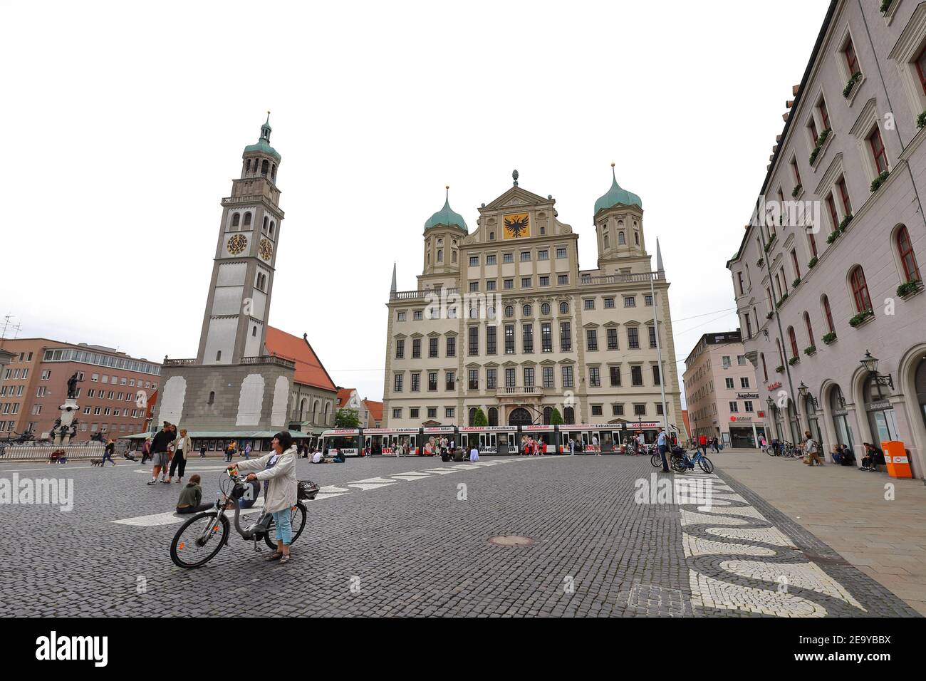 GERMANY, AUGSBURG - AUGUST 17, 2019: Market Place with Town Hall, Perlachturm and Augustus Fountain Stock Photo