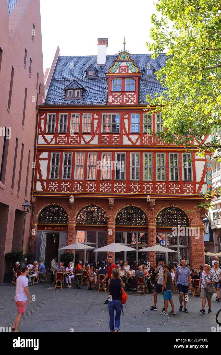 GERMANY, FRANKFURT AM MAIN - AUGUST 31, 2019: The reconstructed city building 'Haus zur Goldenen Waage' in Frankfurt Stock Photo