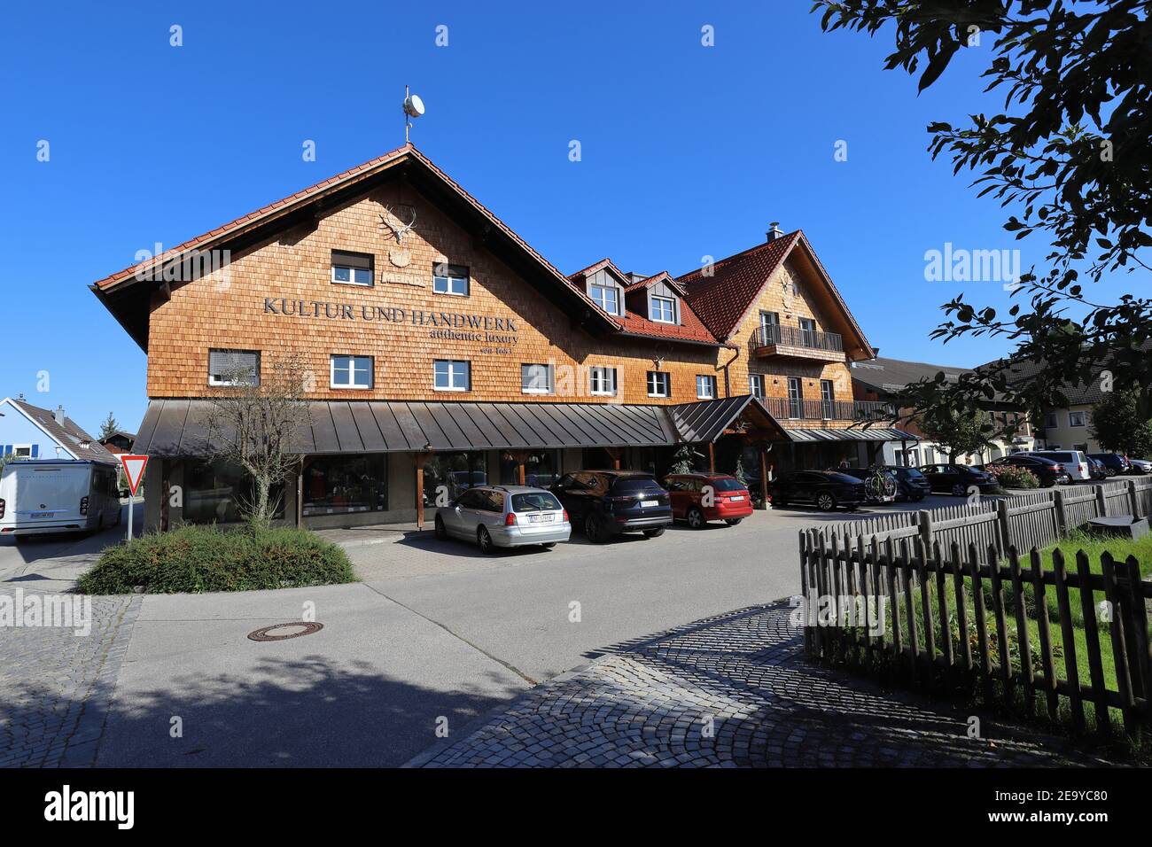 GERMANY, BAVARIA, TRAUNSTEIN, KIRCHANSCHÖRING - SEPTEMBER 21, 2019: Headquarters building and shop of the German footwear manufacturer Lukas Meindl Stock Photo