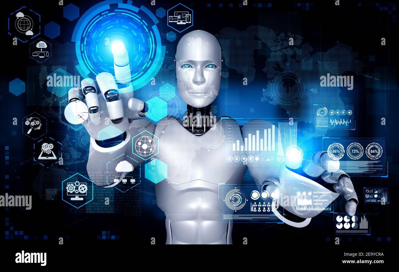 AI humanoid robot touching hologram screen shows concept of global communication network using artificial intelligence thinking by machine learning Stock Photo