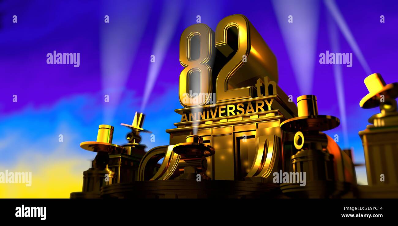 82th anniversary in thick letters on a large golden antique style building illuminated by 6 floodlights with white light on a blue sky at sunset. 3D I Stock Photo