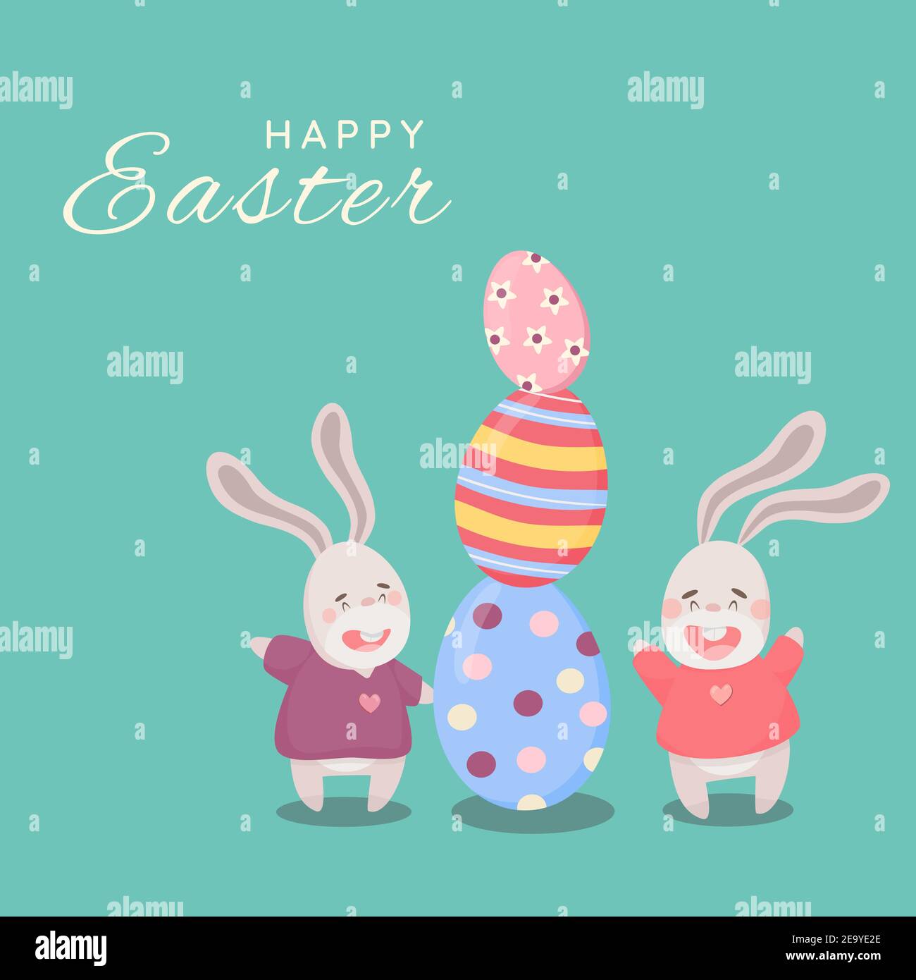 Happy easter card with bunnies and eggs vector illustrations on a ...