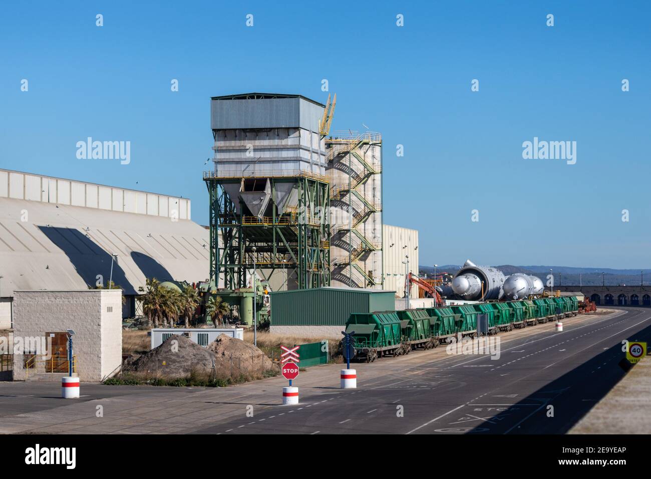 Logistics at industrial port, wagon train used for transportation, load and unload ships arriving to port. Tarragona, Catalonia, Spain Stock Photo