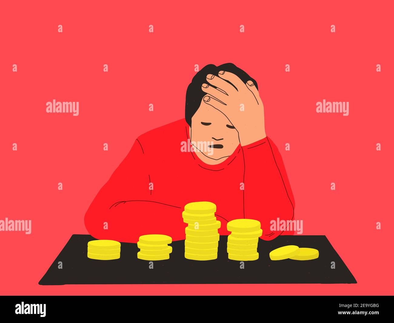 Financial difficulties. Sad man props his face with his hand, sitting at the table with money coins. EPS 10 Stock Vector