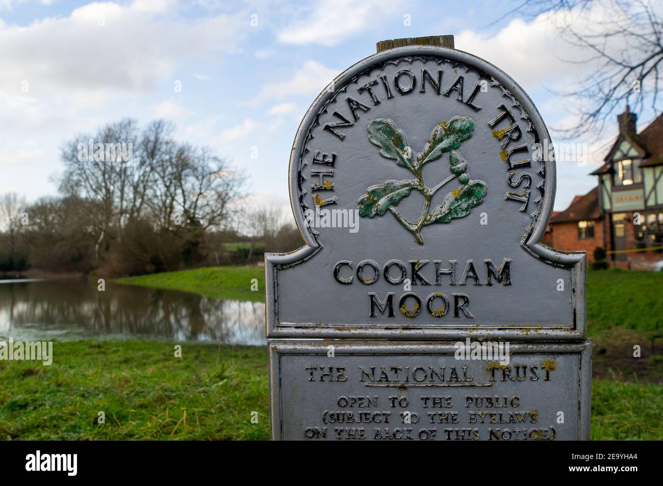 Cookham, Berkshire, UK. 6th February, 2021. Flooding on Cookham Moor. A Flood Alert remains in force along the stretch of the River Thames from Hurley to Cookham. The Pound across Cookham Moor flooded earlier this week and remains closed to traffic following flooding. The flood water levels have lessened, however, further rain is expected overnight together with possible snow and the Environment Agency are closely monitoring the situation. Credit: Maureen McLean/Alamy Stock Photo