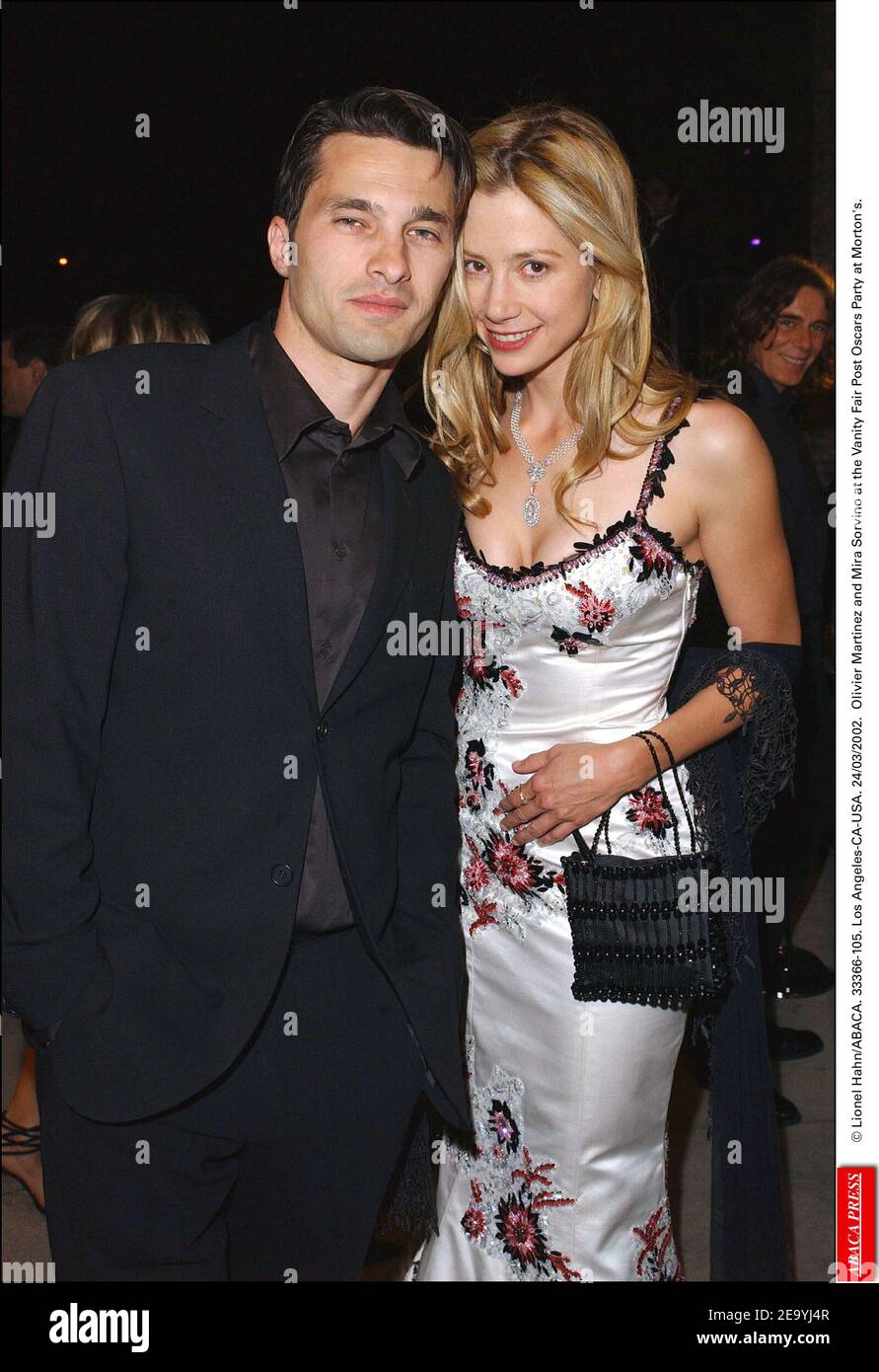 © Lionel Hahn/ABACA. 33366-105. Los Angeles-CA-USA. 24/03/2002. Olivier Martinez and Mira Sorvino at the Vanity Fair Post Oscars Party at Morton's. Stock Photo