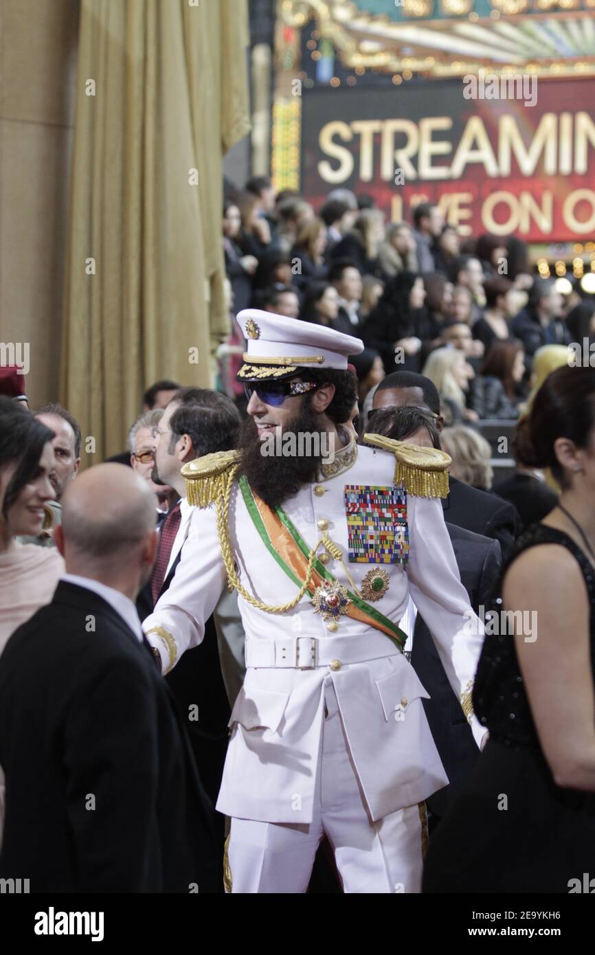 OSCARS - Red Carpet - Sacha Baron Cohen dressed as Admiral General Aladeen, the dictator of the fictional Republic of Wadiya on the red carpet during the 84th Academy Awards in Los Angeles on February 26, 2012. Photo by Francis Specker Stock Photo