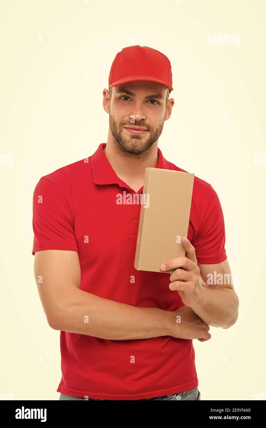 For delivery. Package boy in uniform isolated on white. Delivery man