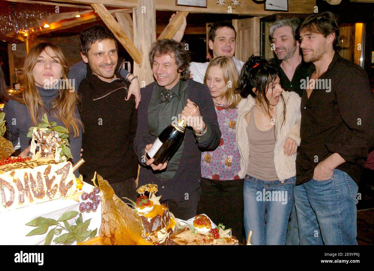 (L-R) French actress Mathilde Seigner (L), actor Pascal Elbe, producer Yann Gilbert, director Cecile Telerman, actress Anne Parillaud, Mathilde Seigner's boyfriend Fabien Blaise and actor Thierry Neuvic celebrate Mathilde Seigner's birthday during the 8th International Comedy Film Festival in L'Alpe d'Huez, French Alps, on January 18, 2005. Their film 'Tout pour plaire' has been presented at the festival's opening ceremony. Photo by Bruno Klein/ABACA. Stock Photo