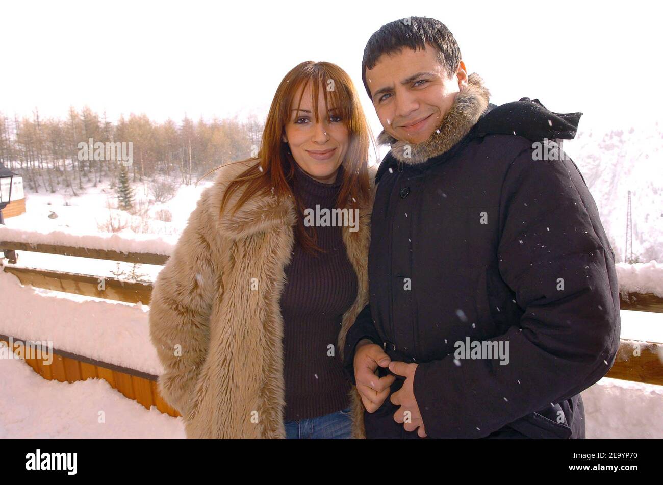 French rai singer and actor Faudel poses with his girlfriend Anissa at a photocall for his movie 'Bab El Web' directed by Merzak Allouache during the 'Festival du Film de Comedie' in l'Alpe d'Huez, France on January 19, 2005. Photo by Bruno Klein/ABACA Stock Photo
