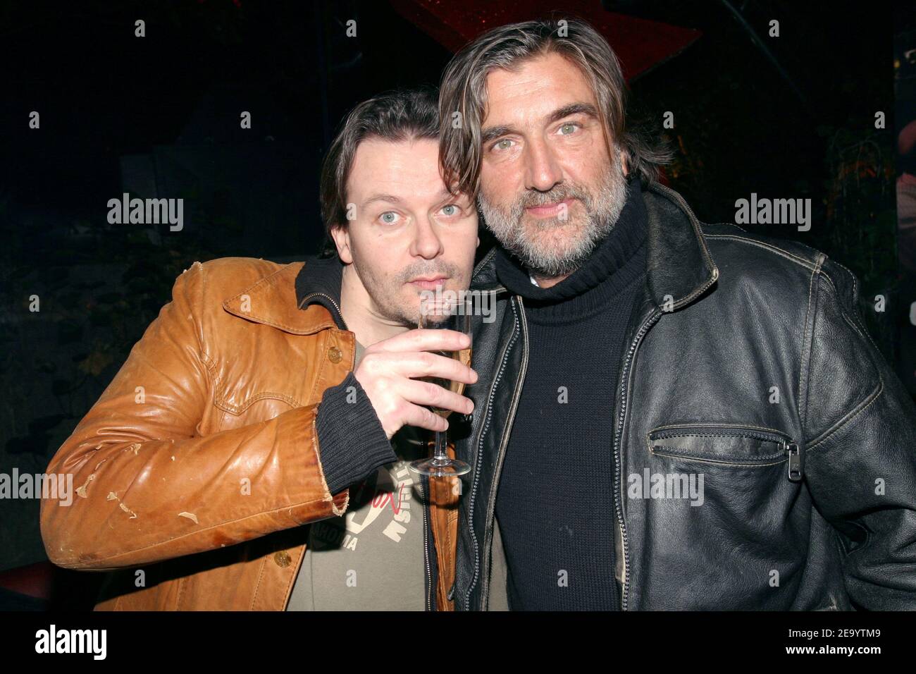French actor and cast member Pierre-Ange Le Pogam (R) and French actor Olivier Mag at the after party for the premiere of Michel Muller's movie, 'La vie de Michel Muller est plus belle que la votre', at L'Etoile in Paris, France, on January 24, 2005. Photo by Benoit Pinguet/ABACA. Stock Photo