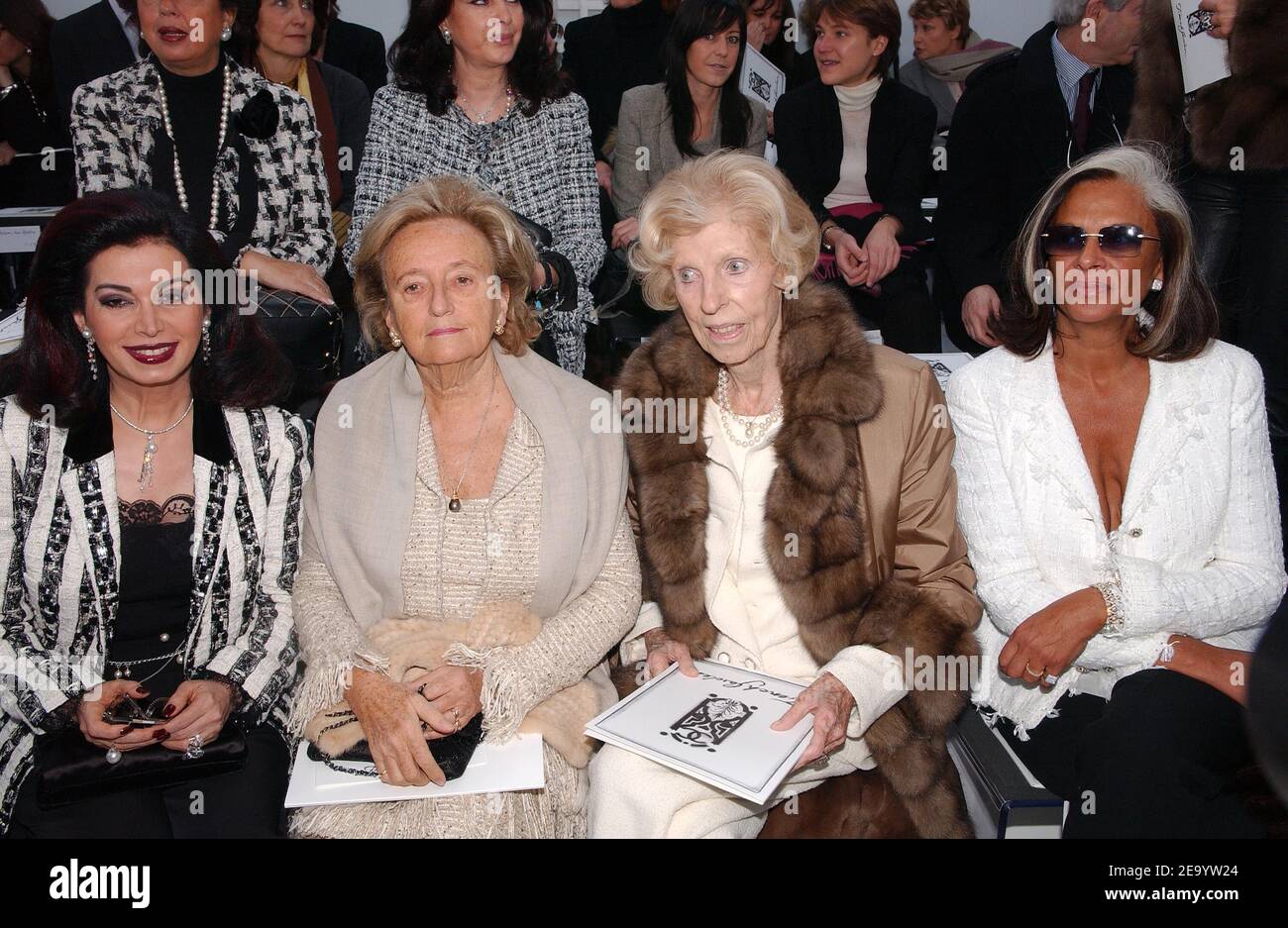 L to R First Lady Bernadette Chirac, Mrs Pompidou and Betty Lagardere pictured before the presentation of Lagerfeld's Spring-Summer 2005 Haute-Couture collection for Chanel, in Paris, France, on January 25, 2005. Photo by Klein-Nebinger/ABACA Stock Photo
